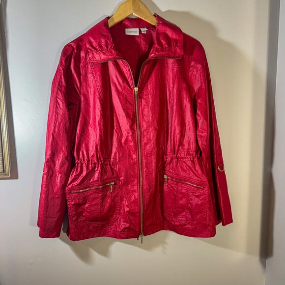 Red Crinkled Anorak Jacket | Utility Style with Gold Zippers Size 1 (US M/L) - Picture 1 of 5